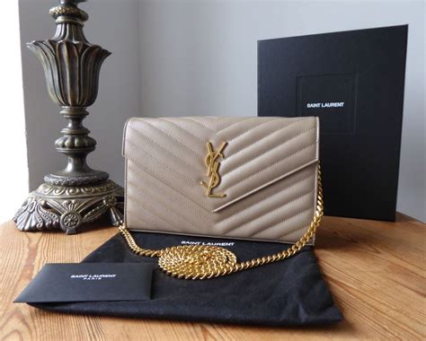 ysl envelope chain wallet dark beige|YSL wallet on chain bag.